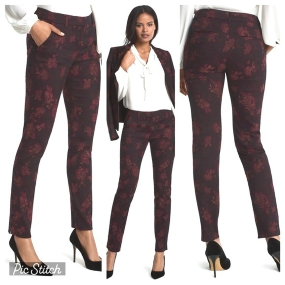 WHBM Pants Cropped Ankle Jacquard Slim Plum Purple Floral 14 NWT Dressy Chic